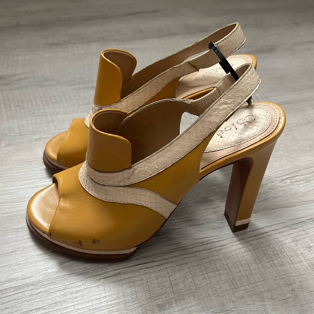 CHLOE Snakeskin Embossed And Leather Slingback Heeled Sandals 37 Mustard Cream - Picture 5 of 16